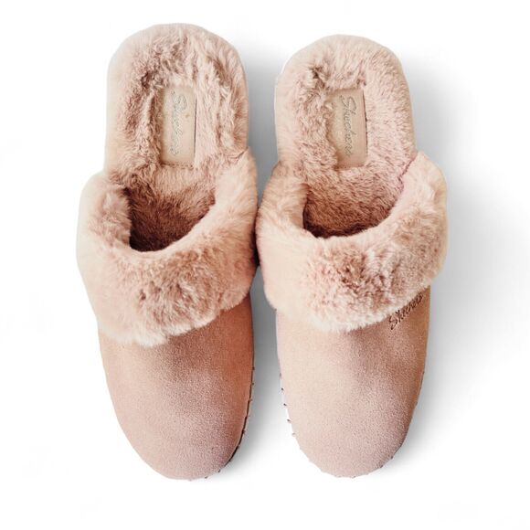 Skechers Slippers Women's Size 9 Blush Pink Suede Faux Fur Slip On Mule NEW - Picture 6 of 11
